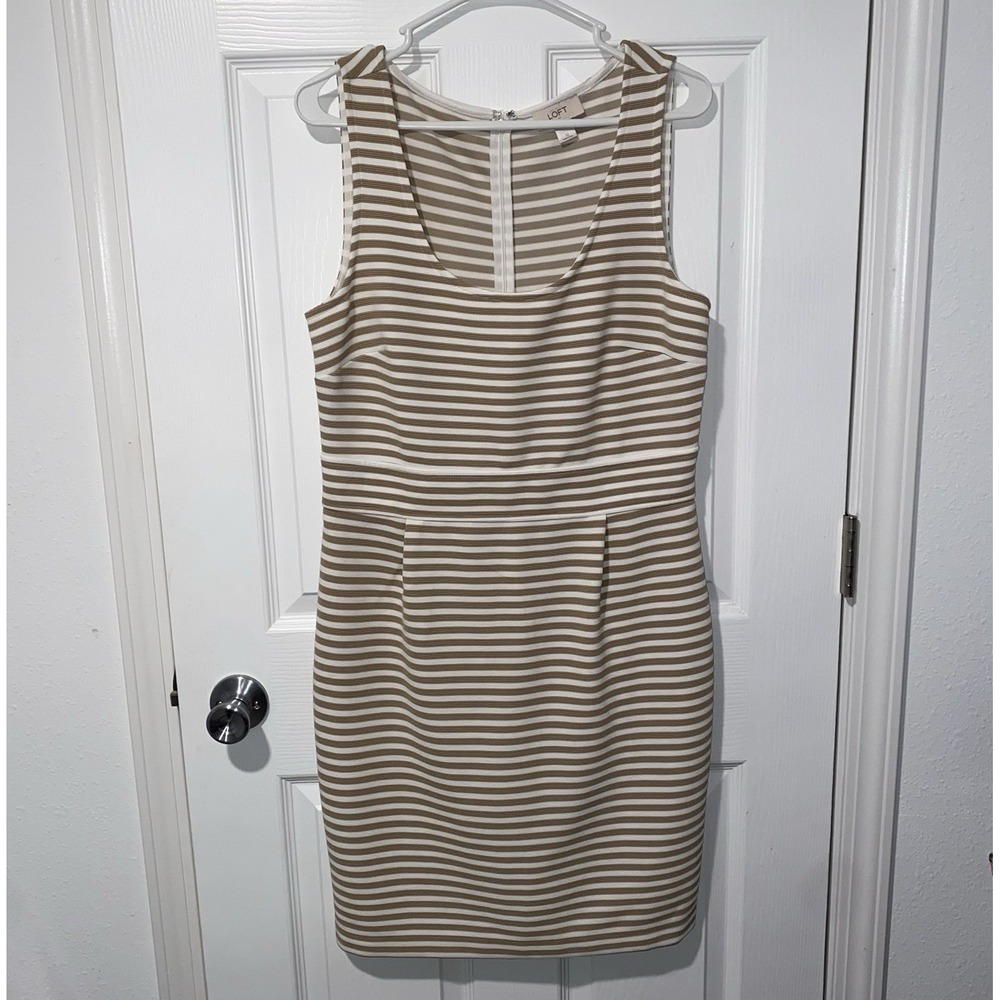Ann Taylor LOFT Dress Size 10 Tan White Striped Sleeveless Sheath Career